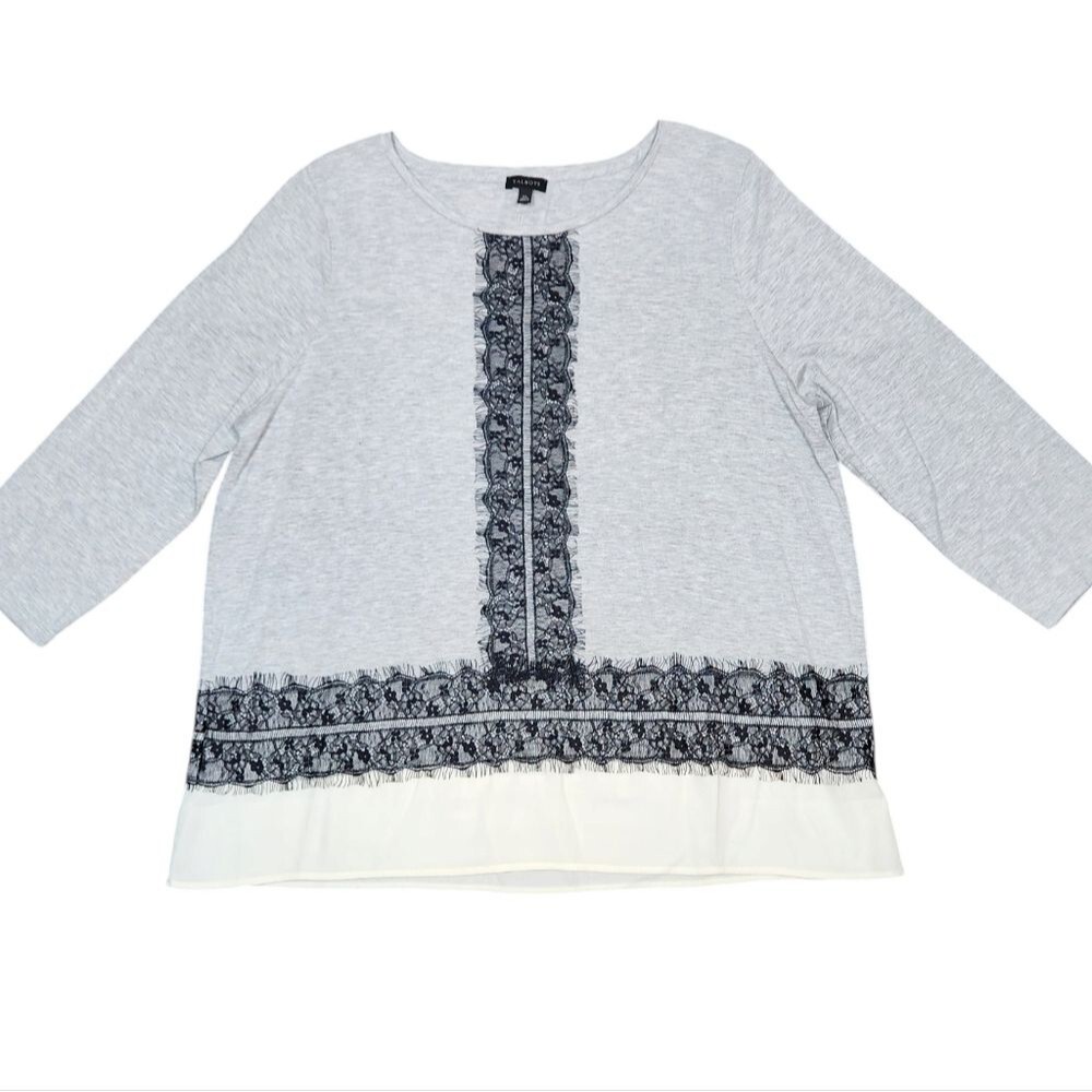 Talbots Top Cotton Shirt Lace Silk Ruffle Trim 3/4 Sleeve Gray Black Cream XL - Picture 2 of 9